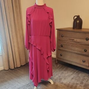 Donna Morgan Magenta Ruffle-Trim Long Sleeve Midi Dress